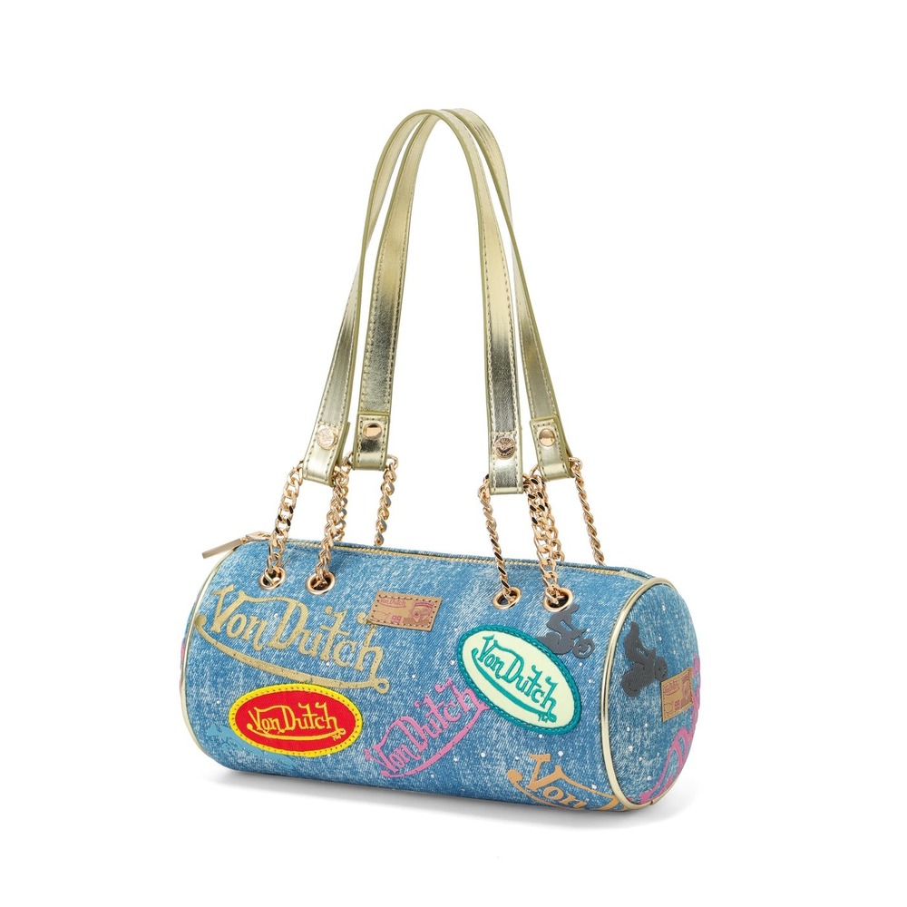 Von Dutch Denim Barrel Bag Y2K Blue Multi Logo Patch Gold Chain Strap Small - Picture 3 of 9